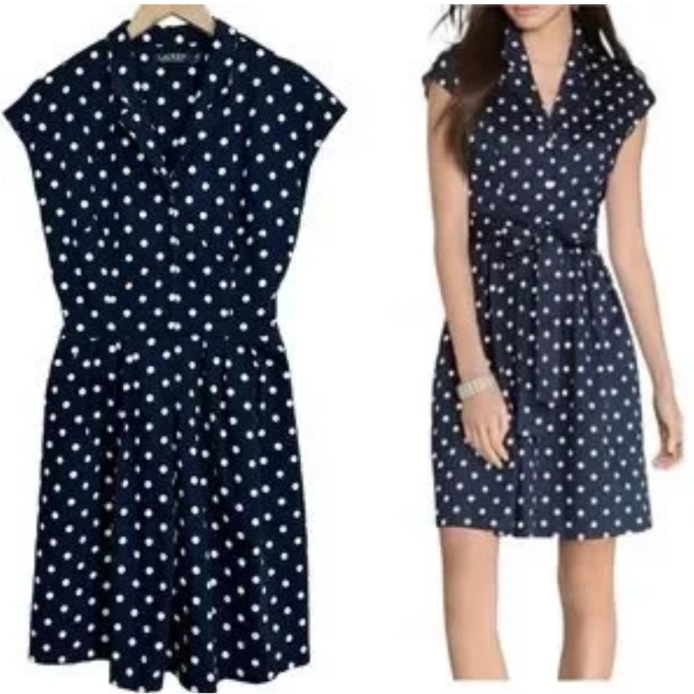 Ralph Lauren navy polka dot dress US 14 party lunch races